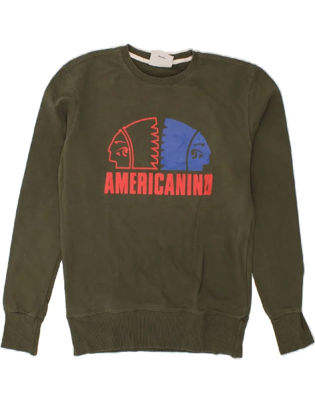 AMERICANINO Mens Graphic Sweatshirt Jumper Small Khaki Hoodie with Side Slits Relaxed Casual