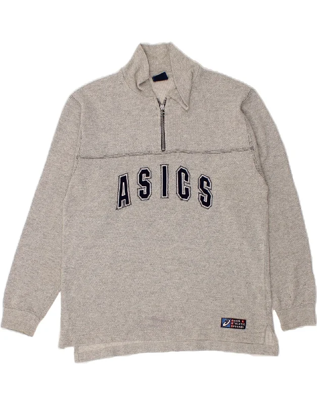 ASICS Mens Graphic Polo Neck Sweatshirt Jumper Small Grey Cotton Hoodie with Zipper Versatile Modern