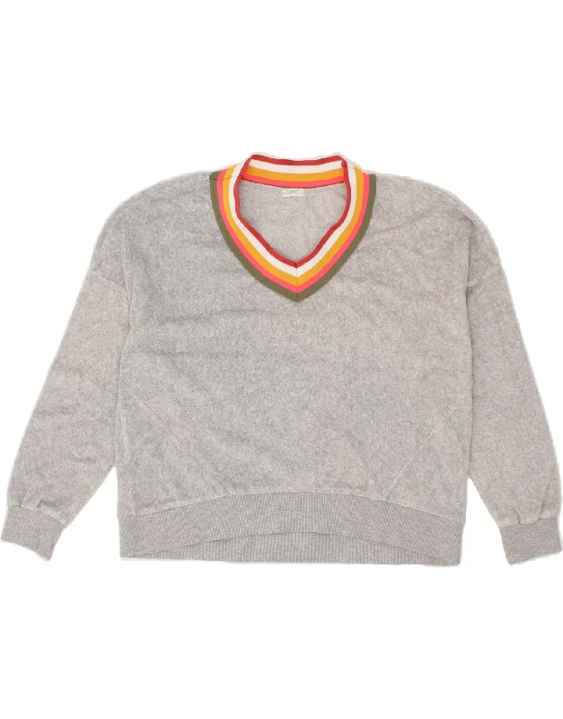 BENETTON Womens Oversized Sweatshirt Jumper UK 10 Small Grey Cotton Hoodie with Side Slits Relaxed Casual
