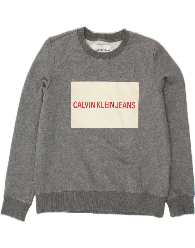 CALVIN KLEIN JEANS Womens Graphic Sweatshirt Jumper UK 14 Medium Grey Hoodie with Emblem Brand Identity