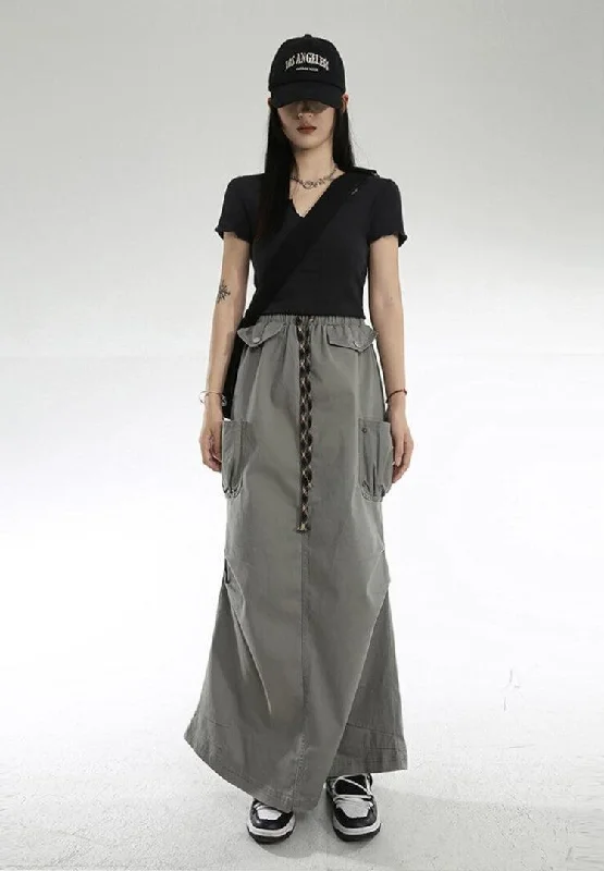 Cargo Pockets Parachute Maxi Skirt silk skirt sleek