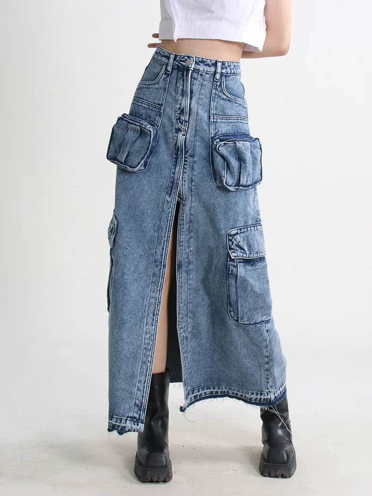 Cargo Split Denim Midi Skirt corduroy skirt durable