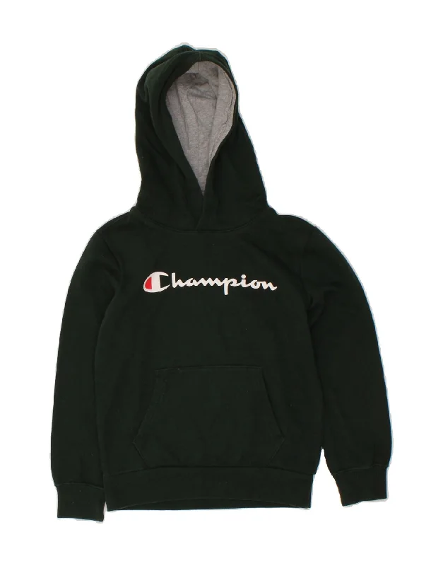CHAMPION Boys Graphic Hoodie Jumper 7-8 Years Small Green Cotton Hoodie with Rolled Sleeves Casual Relaxed