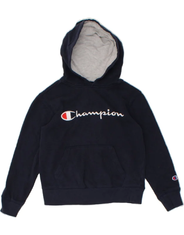 CHAMPION Boys Graphic Hoodie Jumper 8-9 Years Small Navy Blue Cotton Hoodie with Hem Drawcord Adjustable Customizable