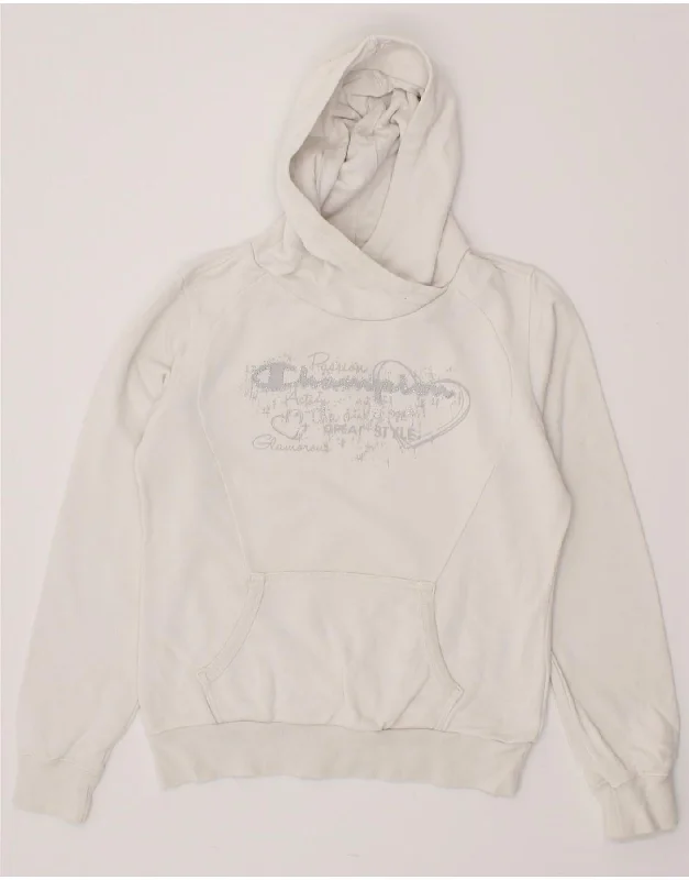 CHAMPION Girls Graphic Hoodie Jumper 11-12 Years Large White Cotton Hoodie with Tied Waist Feminine Flattering