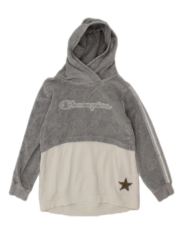 CHAMPION Girls Graphic Hoodie Jumper 9-10 Years Medium Grey Colourblock Hoodie with Raglan Sleeves Sporty Comfortable