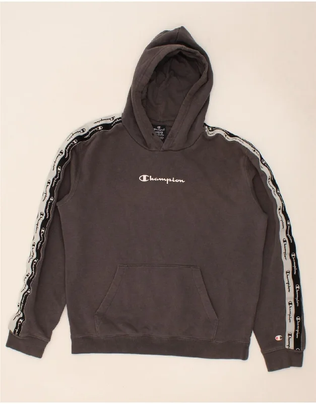 CHAMPION Mens Graphic Hoodie Jumper Medium Grey Cotton Hoodie with Exposed Zipper Edgy Industrial