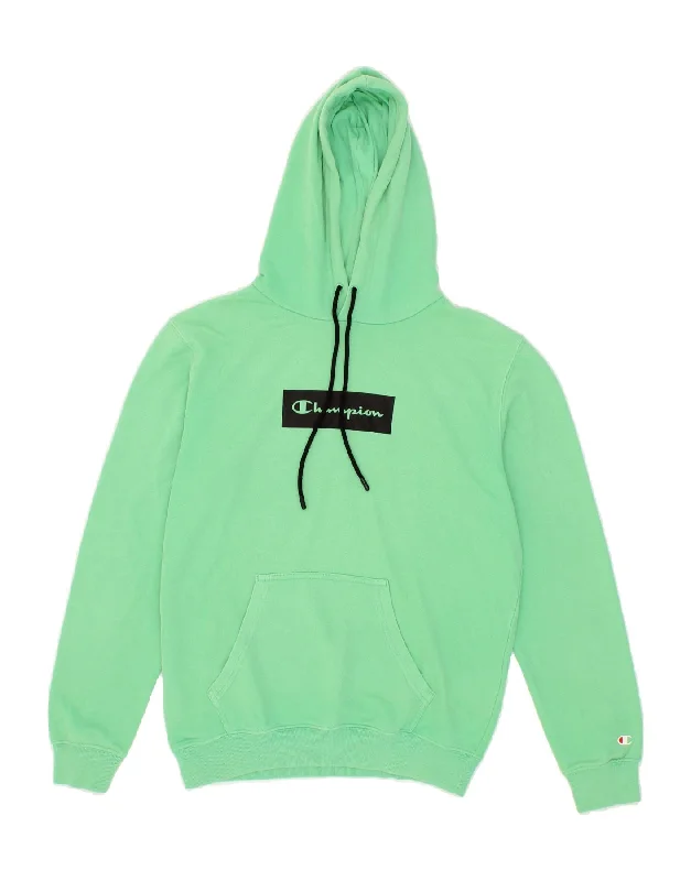 CHAMPION Mens Graphic Hoodie Jumper Small Green Cotton Hoodie with Hem Applique Textured Unique