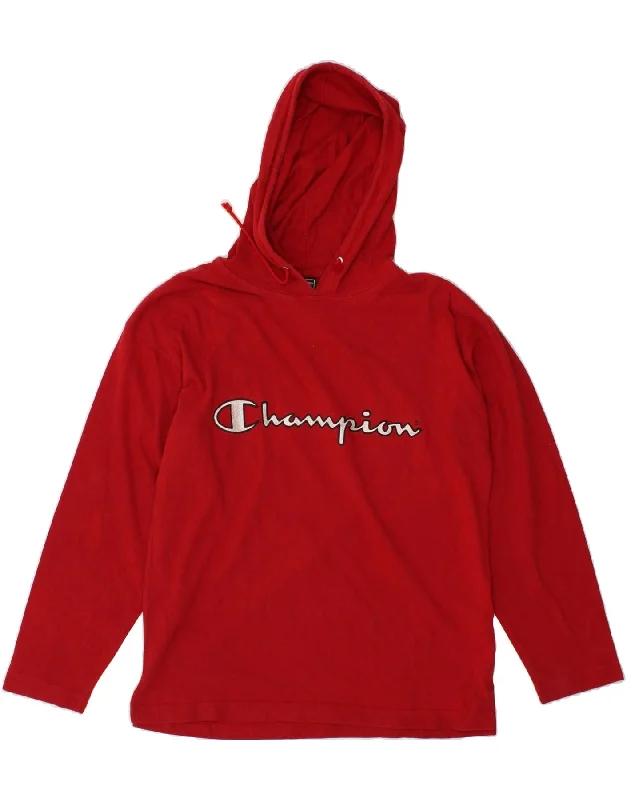 CHAMPION Mens Graphic Hoodie Jumper Small Red Cotton Hoodie with Neon Bright Vibrant