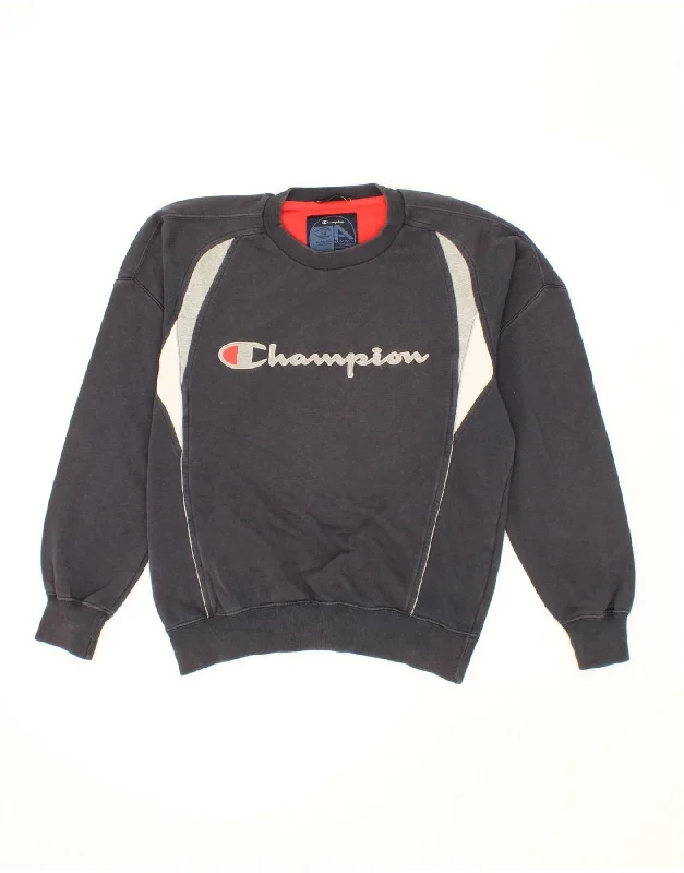 CHAMPION Mens Graphic Sweatshirt Jumper Small Navy Blue Cotton Hoodie with Distressed Vintage Worn