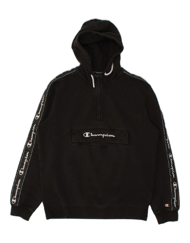 CHAMPION Mens Graphic Zip Neck Hoodie Jumper Large Black Hoodie with Button Placket Classic Preppy