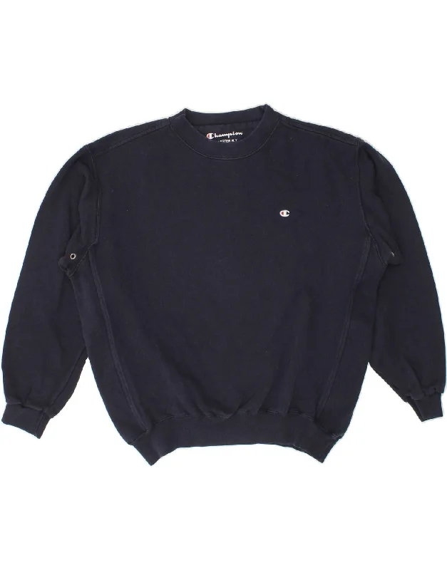 CHAMPION Mens Sweatshirt Jumper Medium Navy Blue Cotton Hoodie with Batwing Sleeves Loose Dramatic