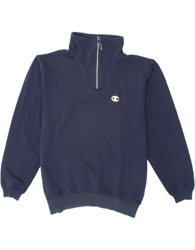 CHAMPION Mens Zip Neck Sweatshirt Jumper Medium Navy Blue Cotton Hoodie with Contrast Stitching Detailed Premium