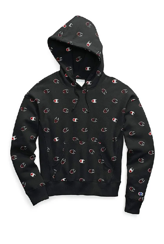 Champion Reverse Weave Pull Over Women's Hoodie, All Over Print Tossed Logo Hoodie with Slit Hem Functional Movement