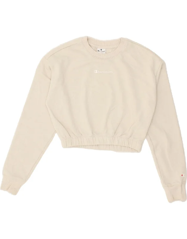 CHAMPION Womens Loose Fit Crop Sweatshirt Jumper UK 10 Small Beige Cotton Hoodie with Hem Drawcord Adjustable Customizable