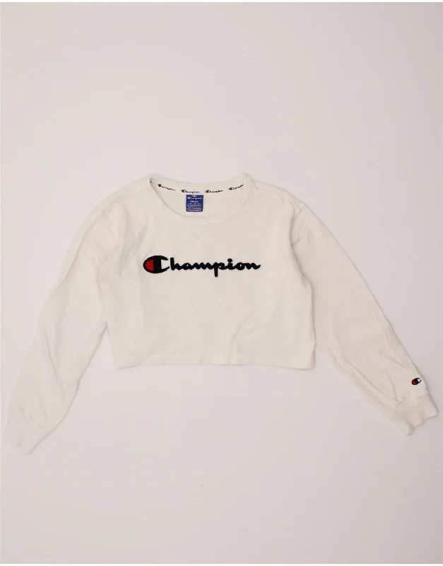 CHAMPION Womens Oversized Crop Graphic Sweatshirt Jumper UK 10 Small White Hoodie with Puffed Sleeves Voluminous Trendy