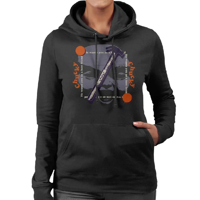 Child's Play Chucky Best Friend Hammer Face Women's Hooded Sweatshirt Hoodie with Illustration Artistic Creative