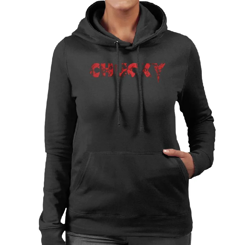 Child's Play Chucky Logo Bold Face Women's Hooded Sweatshirt Hoodie with Sequins Glamorous Eye-catching