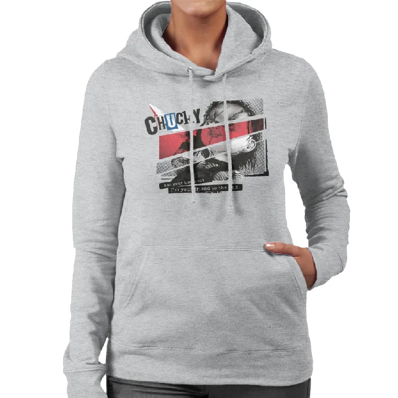 Chucky Eat Your Heart Out Im Your Friend To The End Women's Hooded Sweatshirt Hoodie with Button Classic Timeless