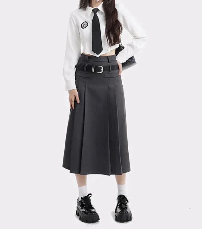 College Girl Pleated Midi Skirt silk skirt elegant