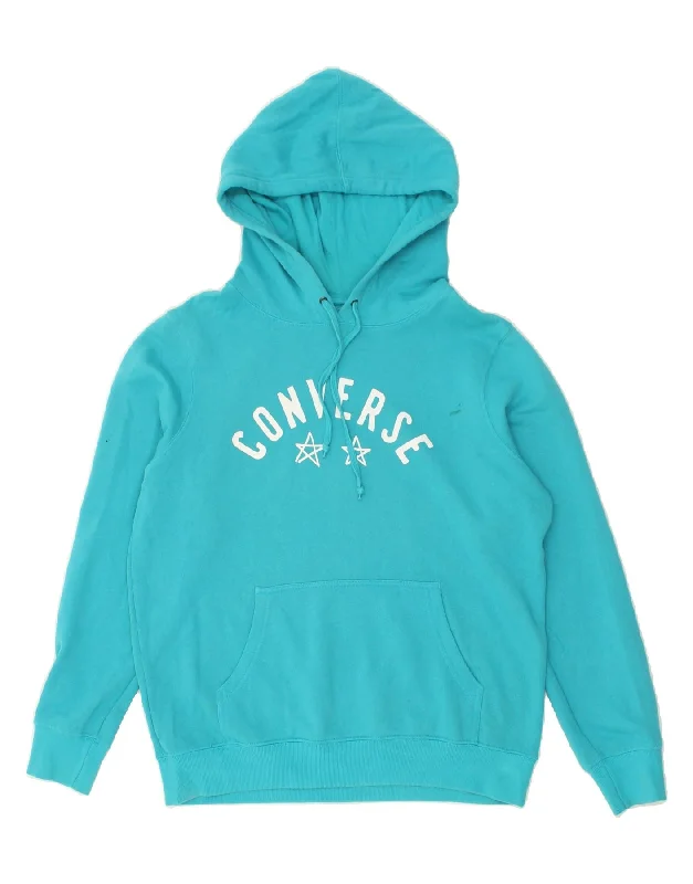 CONVERSE Womens Graphic Hoodie Jumper UK 14 Medium Blue Cotton Hoodie with Lace Feminine Delicate