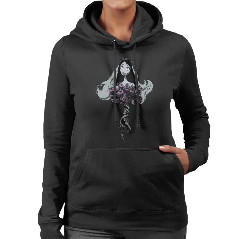 Corpse Bride Emily Red Roses Women's Hooded Sweatshirt Hoodie with Hem Raw Edge Edgy Unfinished