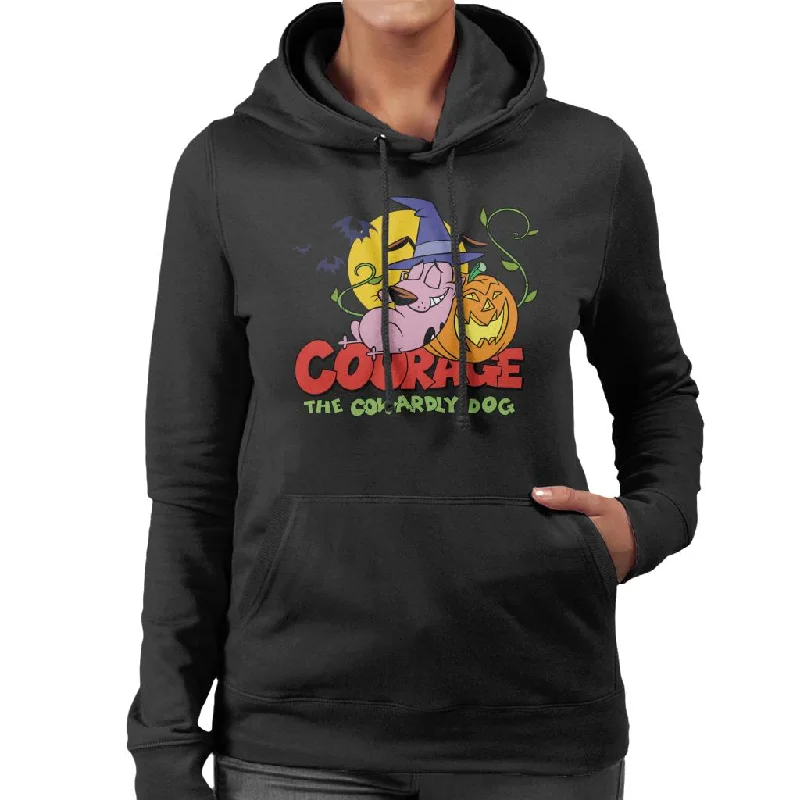 Courage The Cowardly Dog Halloween Leaning On Pumpkin Women's Hooded Sweatshirt Hoodie with Hem Embroidery Detailed Premium