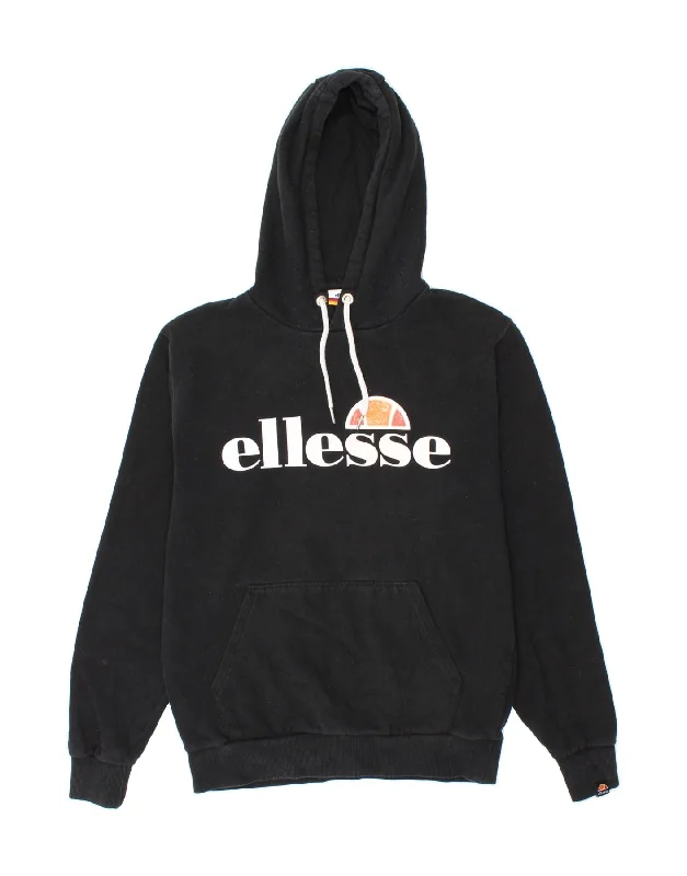 ELLESSE Mens Graphic Hoodie Jumper Medium Black Cotton Hoodie with Elastic Cuffs Stretchable Comfortable