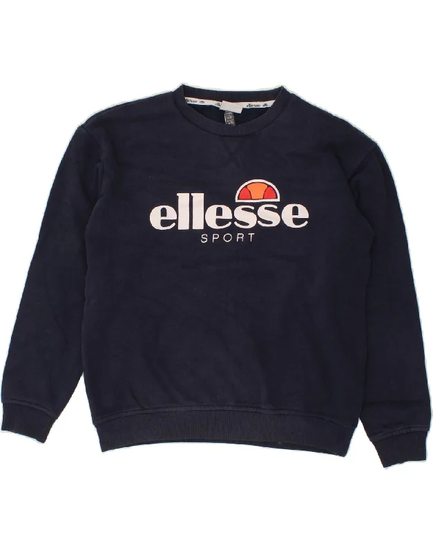 ELLESSE Womens Oversized Graphic Sweatshirt Jumper UK 10 Small Navy Blue Hoodie with Embroidery Detailed Premium
