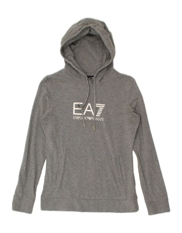 EMPORIO ARMANI Womens Graphic Hoodie Jumper UK 10 Small Grey Cotton Hoodie with Tied Waist Feminine Flattering