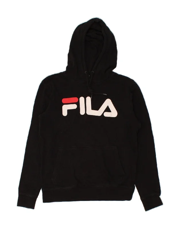 FILA Mens Graphic Hoodie Jumper Small Black Cotton Hoodie with Cuffed Sleeves Snug Secure