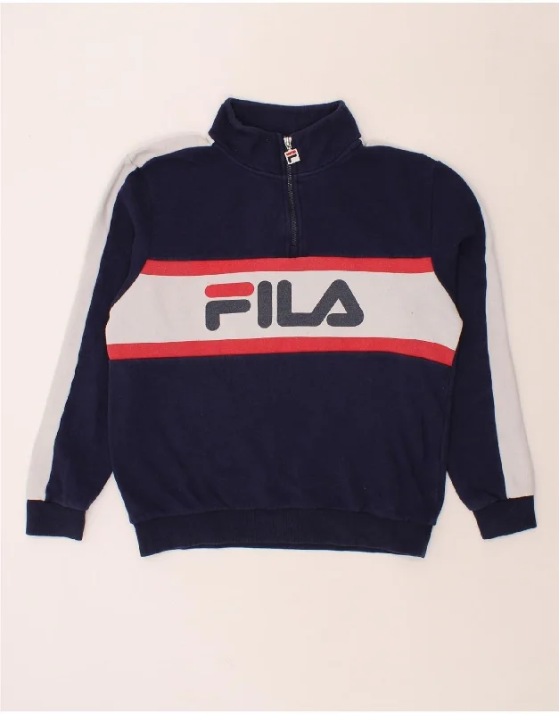 FILA Mens Graphic Zip Neck Sweatshirt Jumper Medium Navy Blue Colourblock Hoodie with Lining Warm Insulated