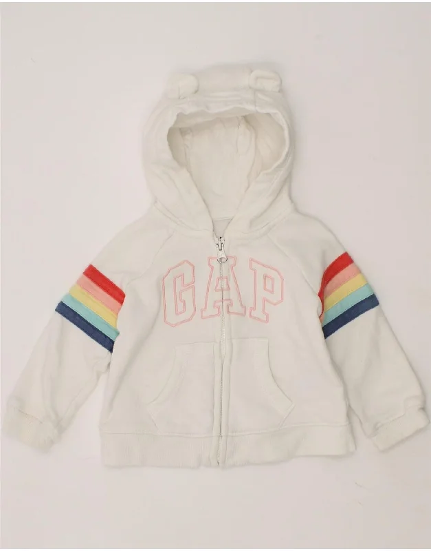 GAP Baby Girls Zip Hoodie Sweater 6-9 Months White Cotton Hoodie with Hem Raw Edge Edgy Unfinished