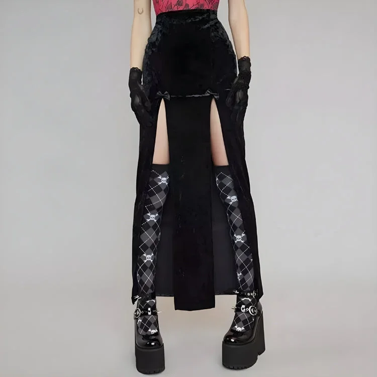 Goth Velvet High Split Midi Skirt velvet skirt luxury