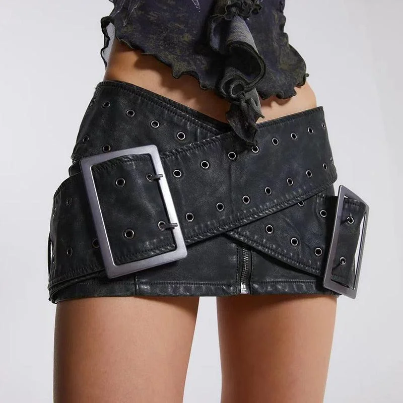 Grunge Cross Belt Faux Leather Mini Skirt cashmere skirt rich