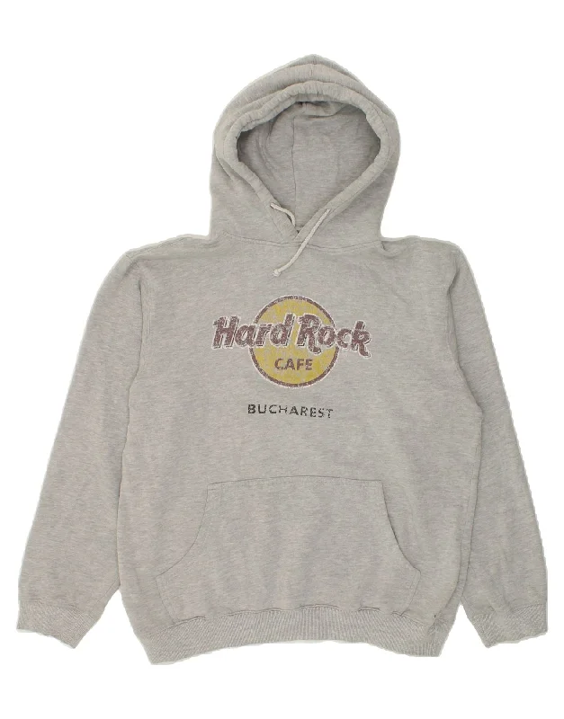 HARD ROCK CAFE Mens Bucharest Graphic Hoodie Jumper Large Grey Cotton Hoodie with Front Slit Layering Stylish