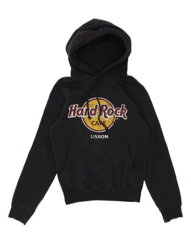 HARD ROCK CAFE Mens Lisbon Graphic Hoodie Jumper Small Navy Blue Cotton Hoodie with Tied Waist Feminine Flattering