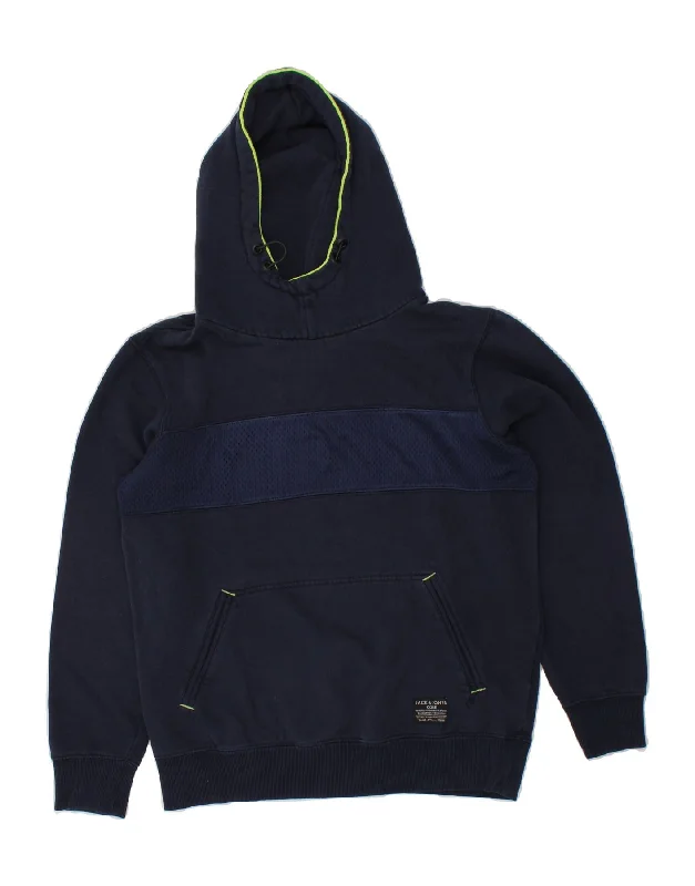 JACK & JONES Mens Hoodie Jumper Medium Navy Blue Cotton Hoodie with Hem Lace Feminine Delicate