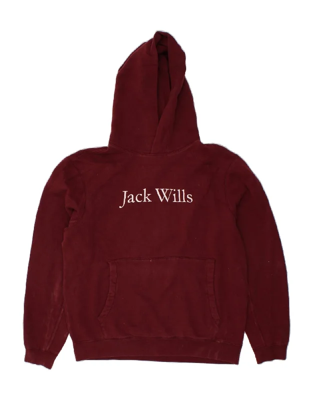 JACK WILLS Mens Graphic Hoodie Jumper Large Burgundy Cotton Hoodie with Hem Elastic Stretchable Comfortable