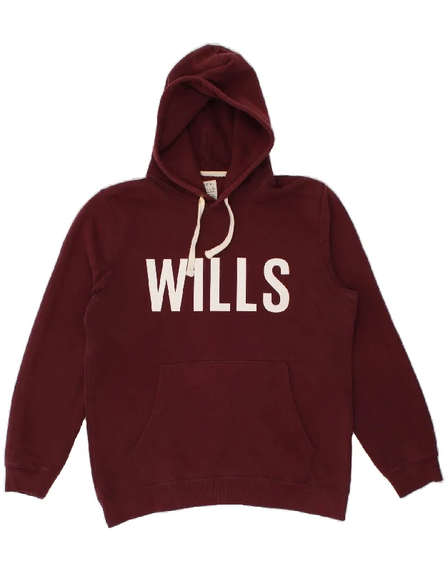 JACK WILLS Mens Graphic Hoodie Jumper Medium Burgundy Cotton Hoodie with Illustration Artistic Creative