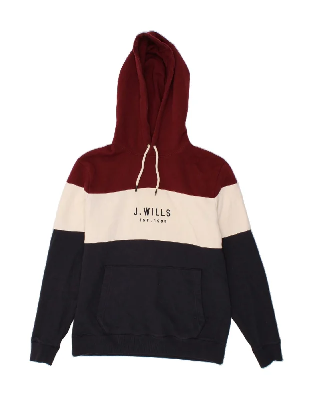 JACK WILLS Mens Graphic Hoodie Jumper Medium Multicoloured Colourblock Hoodie with Hem Fringe Bohemian Relaxed