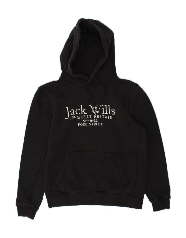 JACK WILLS Mens Graphic Hoodie Jumper Small Black Cotton Hoodie with Exposed Zipper Edgy Industrial