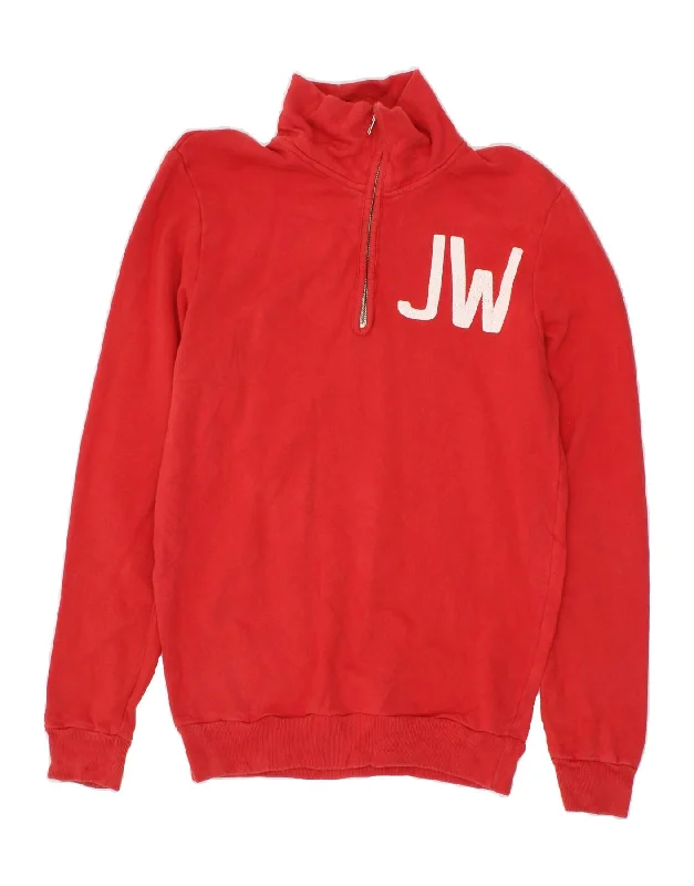 JACK WILLS Mens Graphic Zip Neck Sweatshirt Jumper XS Red Cotton Hoodie with Frayed Bohemian Relaxed