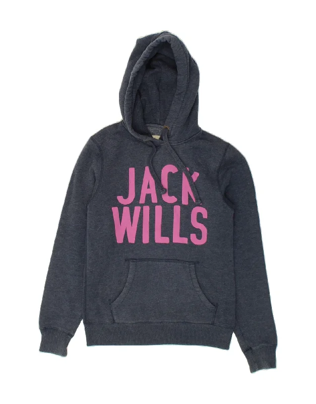 JACK WILLS Womens Graphic Hoodie Jumper UK 10 Small Navy Blue Cotton Hoodie with Belted Waist Structured Tailored