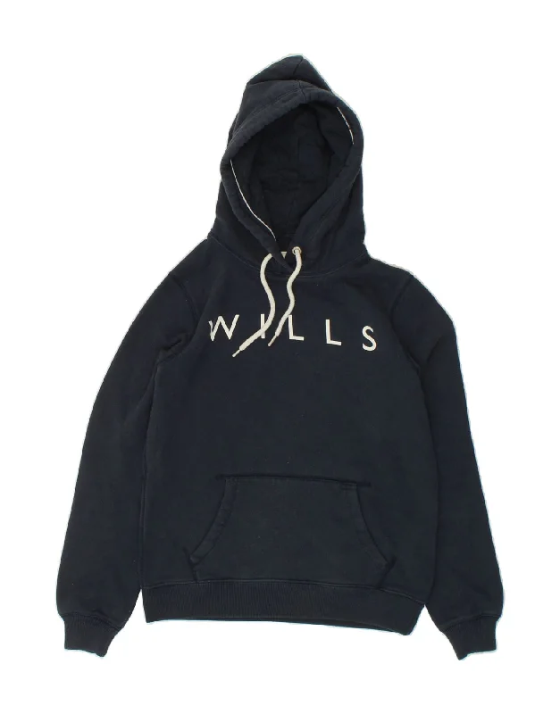 JACK WILLS Womens Graphic Hoodie Jumper UK 10 Small Navy Blue Cotton Hoodie with Camouflage Military Edgy