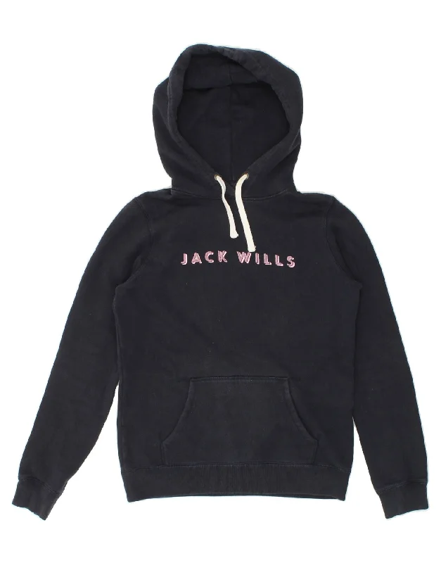 JACK WILLS Womens Graphic Hoodie Jumper UK 10 Small Navy Blue Cotton Hoodie with Embroidery Detailed Premium