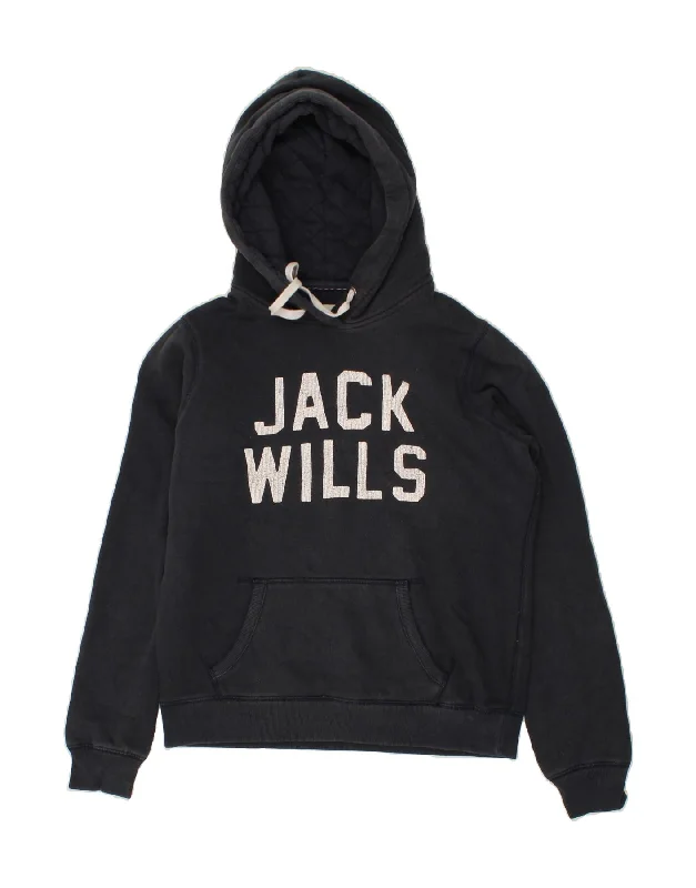 JACK WILLS Womens Graphic Hoodie Jumper UK 14 Large Navy Blue Cotton Hoodie with Zipper Versatile Modern