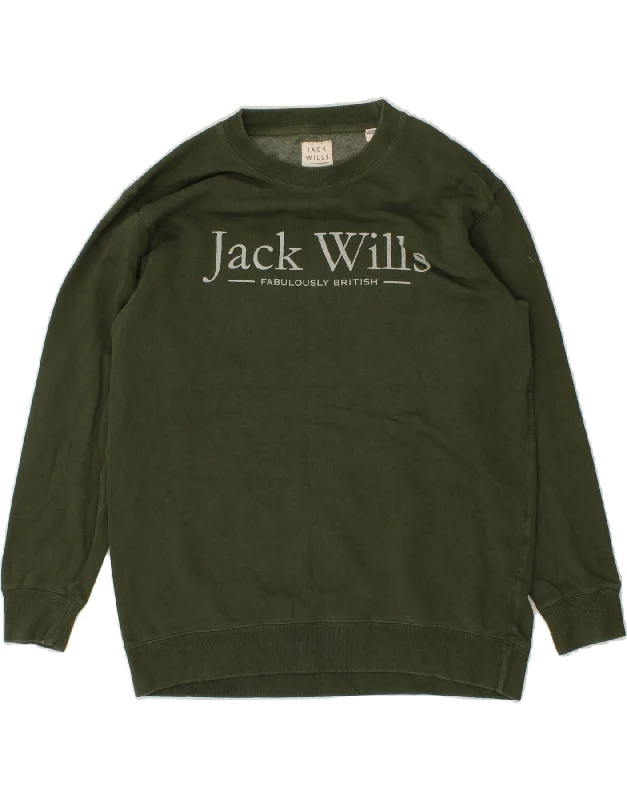 JACK WILLS Womens Graphic Sweatshirt Jumper UK 12 Medium Khaki Cotton Hoodie with Hem Patch Decorative Personalized