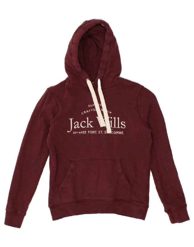JACK WILLS Womens Oversized Graphic Hoodie Jumper UK 6 XS Burgundy Cotton Hoodie with Pocket Utility Practical