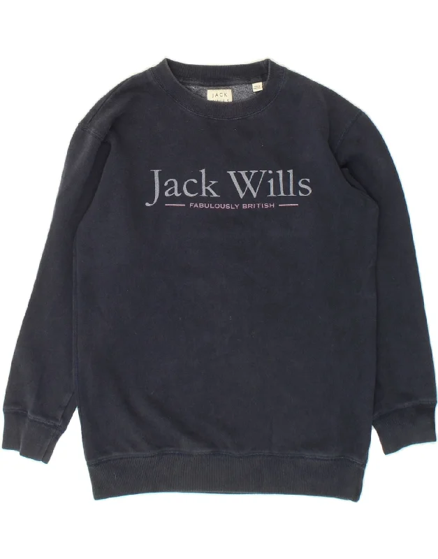 JACK WILLS Womens Oversized Graphic Sweatshirt Jumper UK 8 Small  Blue Hoodie with Hem Fringe Bohemian Relaxed